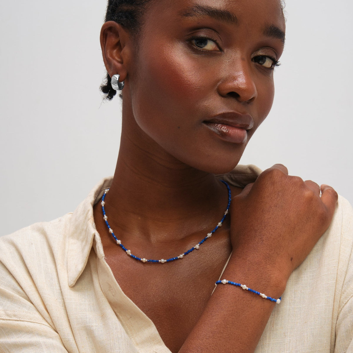 Inicio Sterling Silver Lapis And Pearl Bracelet - Gift Pouch