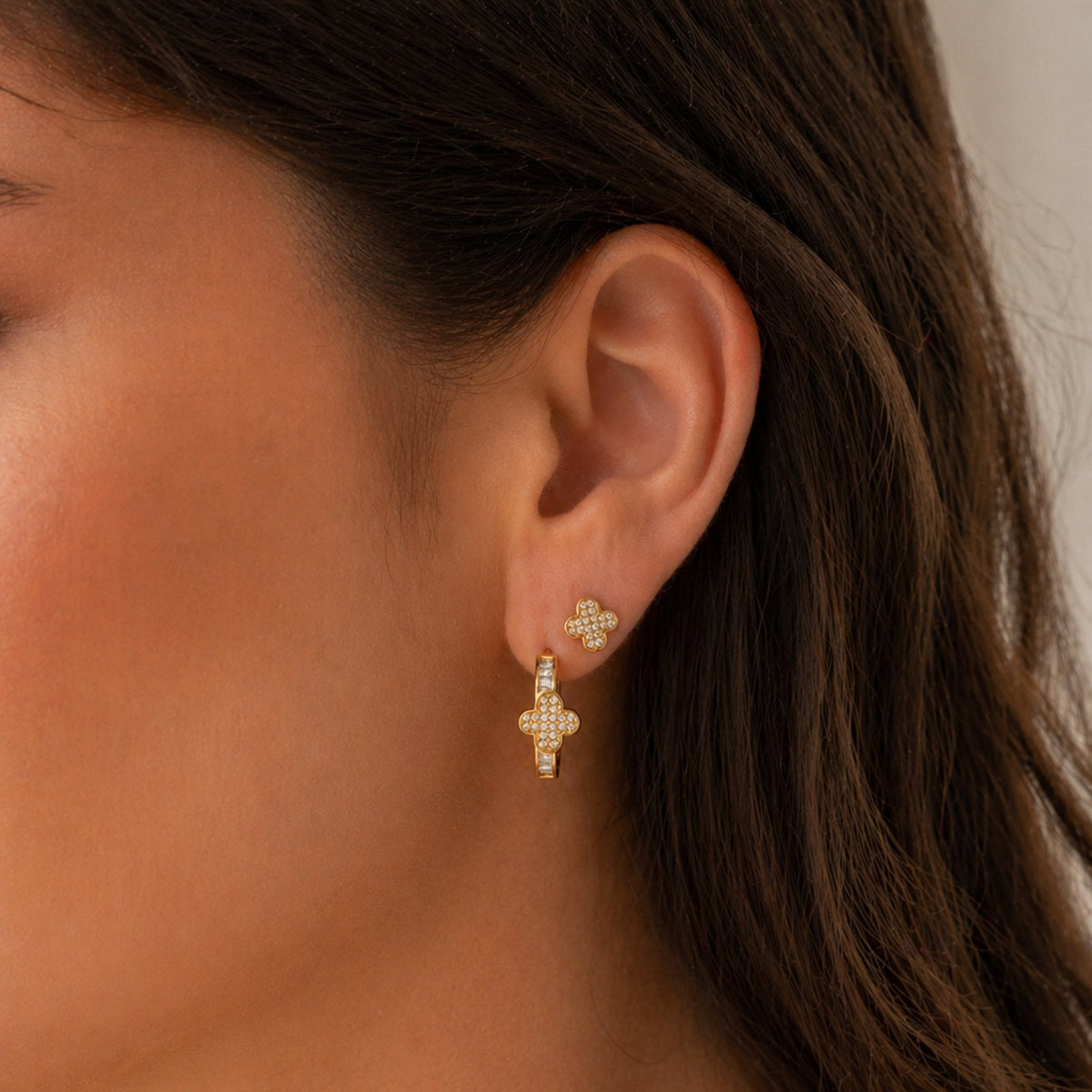 Jon Richard Gold Plated and Pave Clover Hoop Earrings - Pack of 2