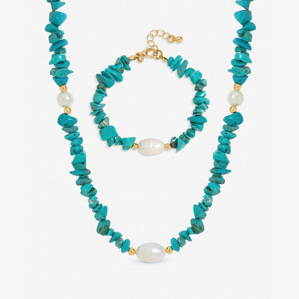 Mood Gold Plated Turquoise and Pearl Beaded Set