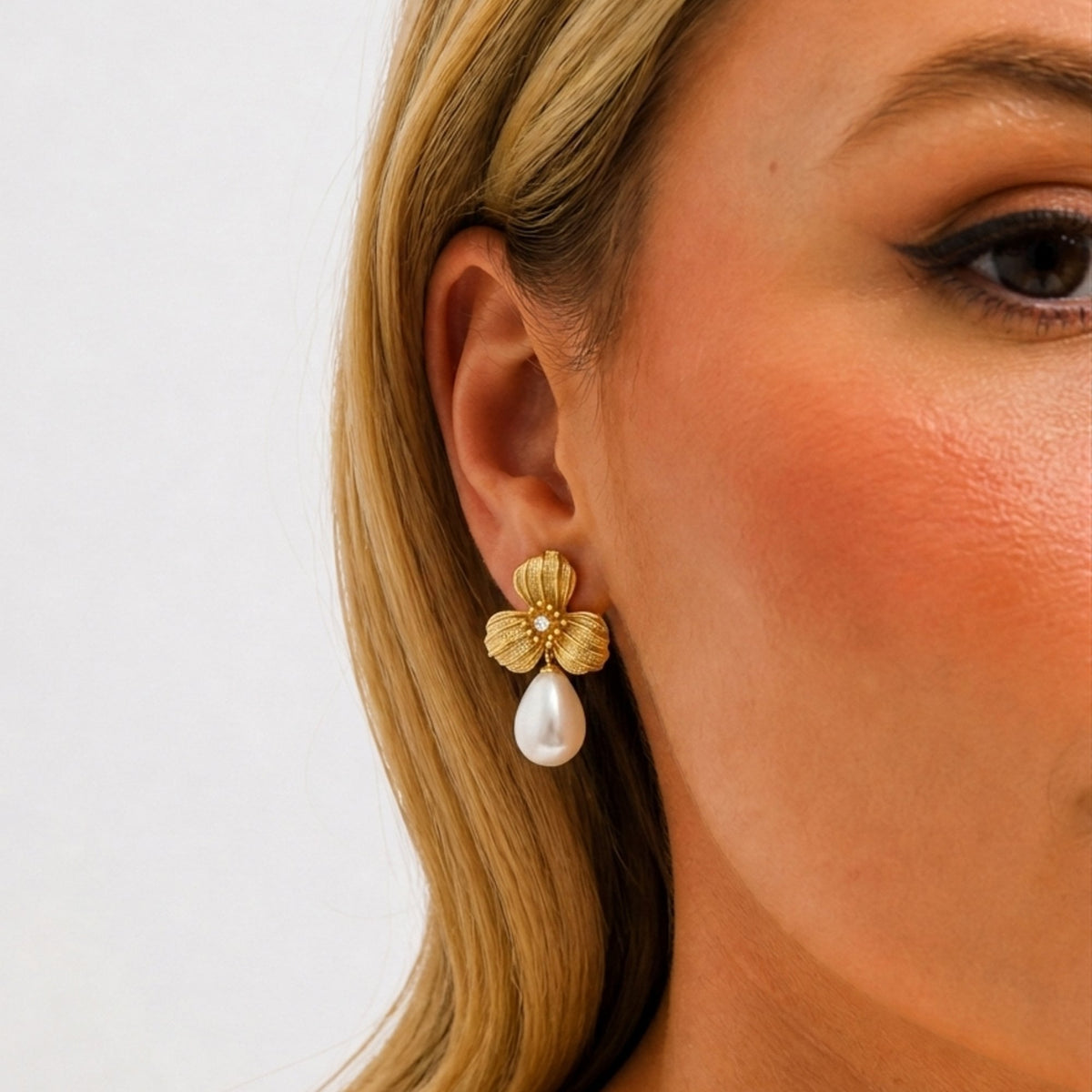 Jon Richard Textured Floral and Pearl Drop Clip Earrings