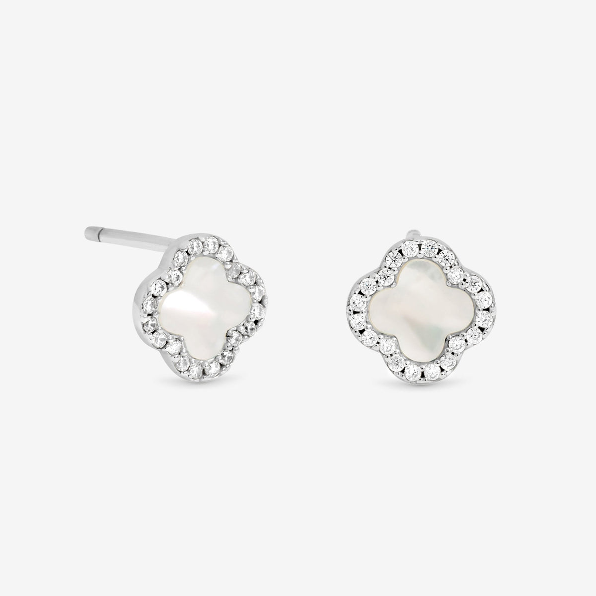 Simply Silver 925 Sterling Silver Pave Mother Of Pearl Clover Stud Earrings