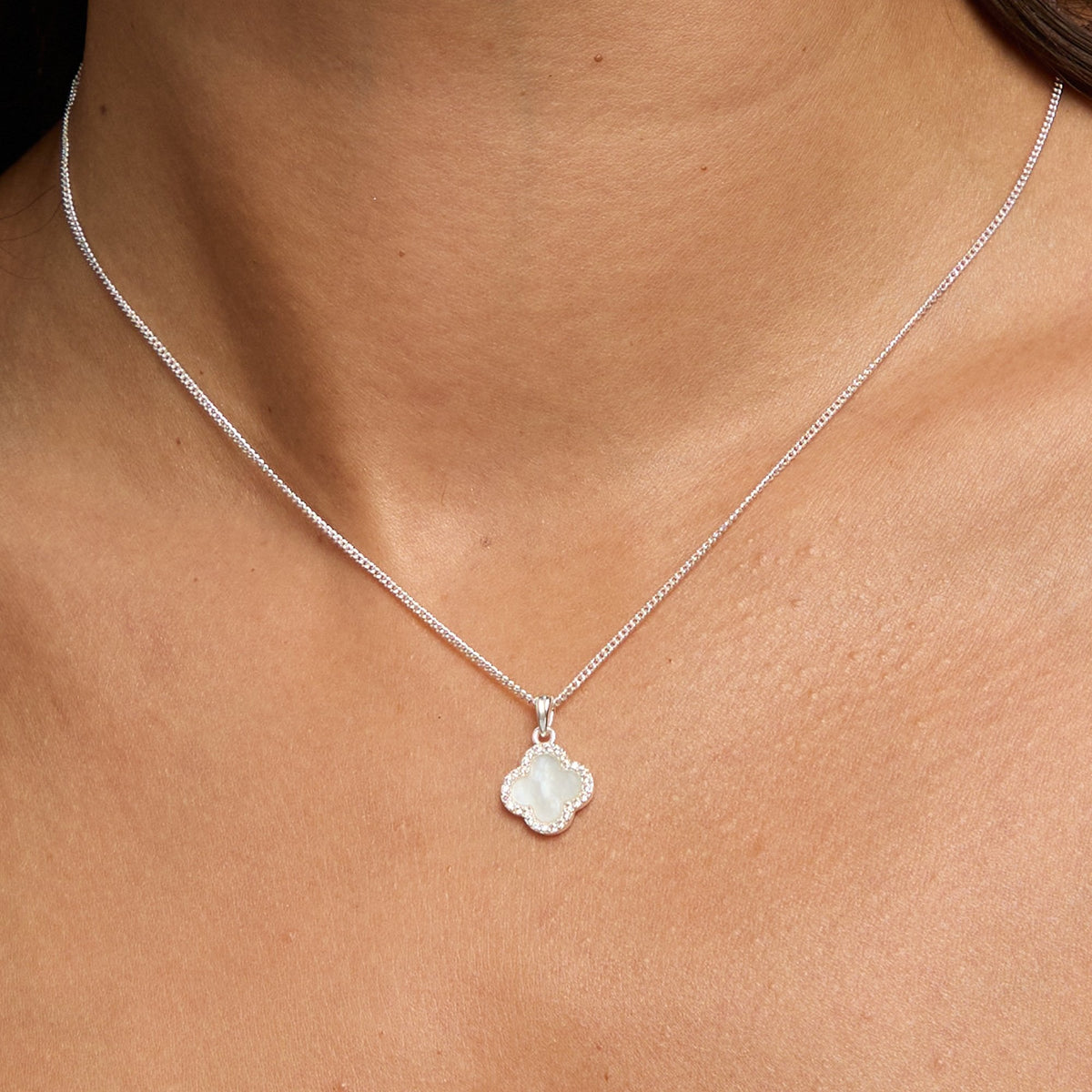 Simply Silver 925 Sterling Silver Cubic Zirconia And Mother Of Pearl Clover Pendant - Gift Pouch
