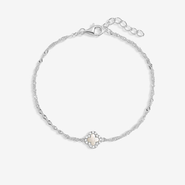 Simply Silver 925 Sterling Silver Pave And Mother Of Pearl Clover Bracelet - Gift Pouch