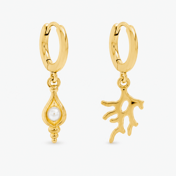 Inicio Gold Plated Pearl Shell and Coral MisMatch Earrings - Gift Pouch