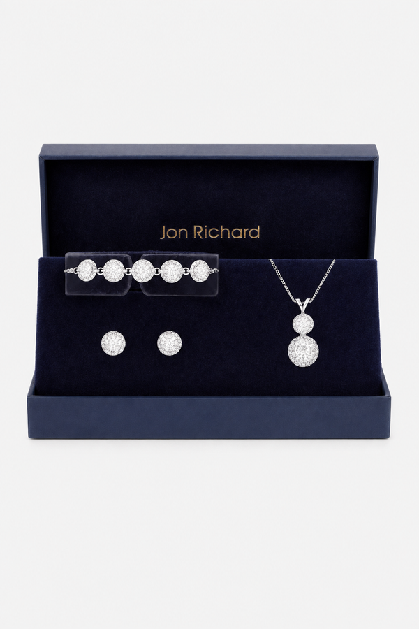 Jon Richard Silver Plated Crystal Halo Double Solitaire Trio Set - Gift Boxed