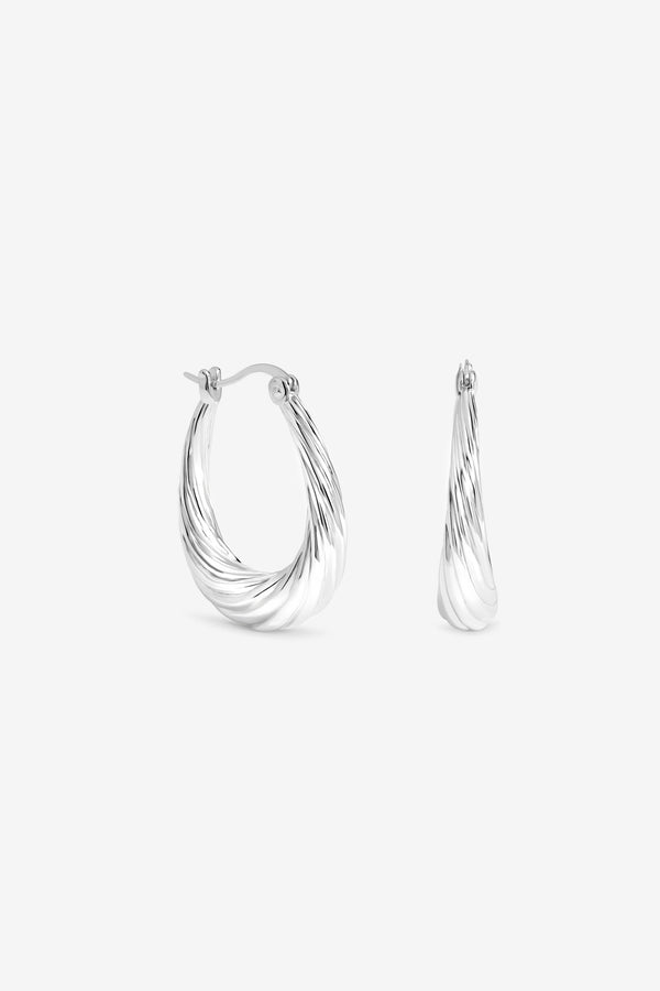 Silver Textured Large Oval Catch Hoops