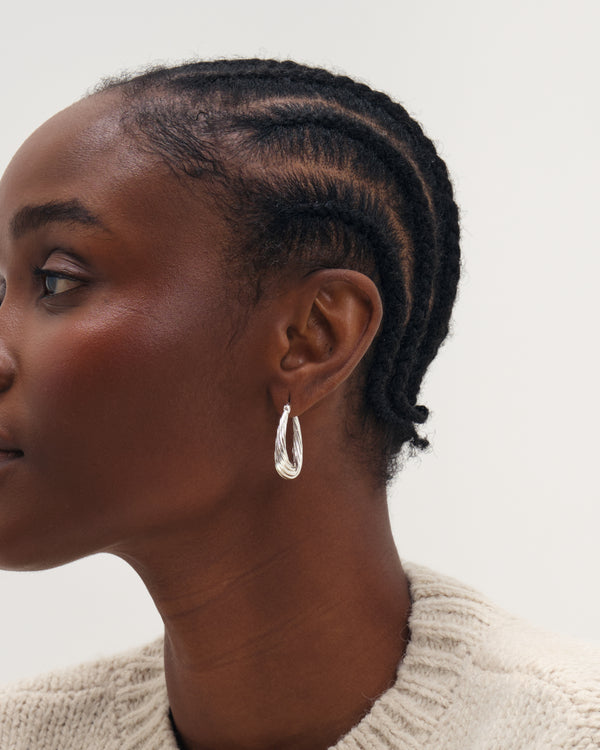 Inicio Silver Textured Large Oval Catch Hoops