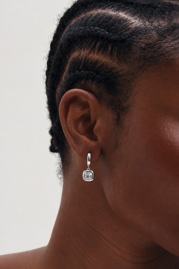 Inicio Silver Cushion Bezel Charm Hoops