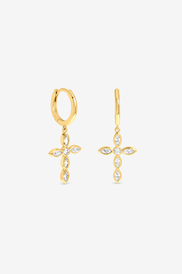 Gold Bezel Cross Charm Earrings