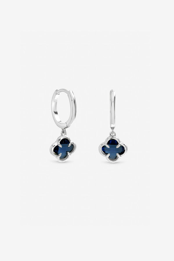 Silver Sapphire Clover Charm Huggie Hoops