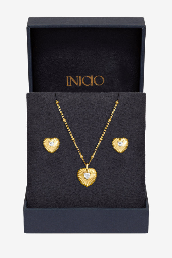 Inicio Gold Plated and Cubic Zirconia Ridged Heart Set - Gift Box