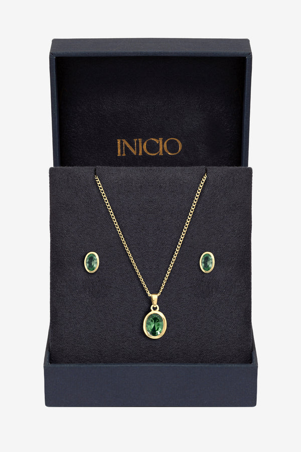 Inicio Gold Emerald Oval Bezel Set - Gift Box