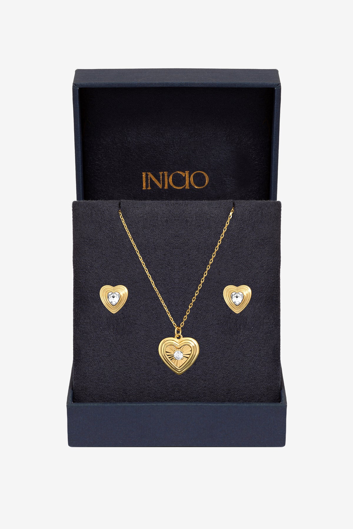Inicio Gold Crystal Ridged Heart Set