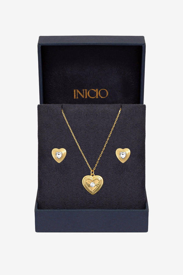 Inicio Gold Crystal Ridged Heart Set