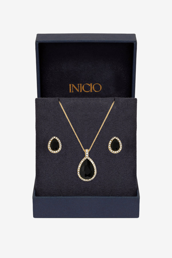 Inicio Gold Plated and Jet Peardrop Set - Gift Boxed