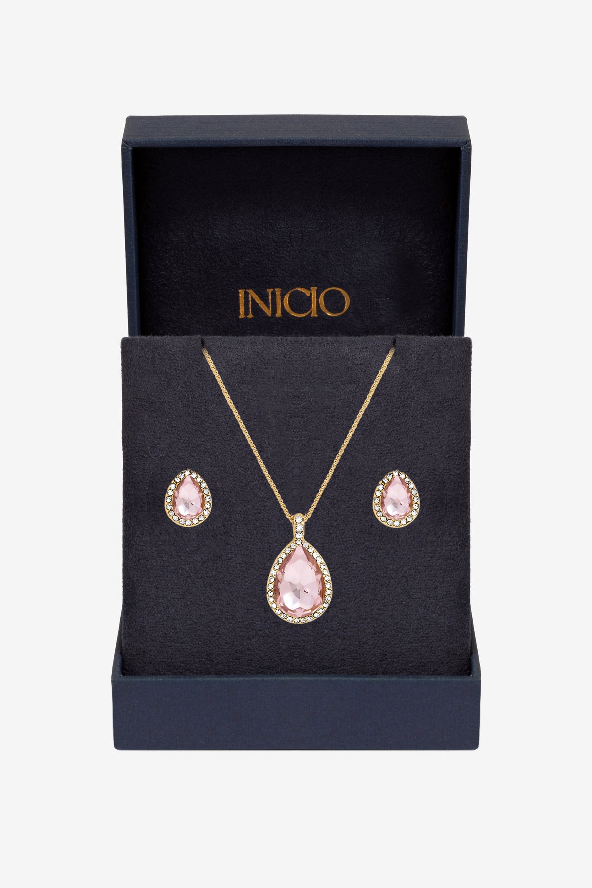 Inicio Gold Plated Pink Pear Drop Set - Gift Boxed