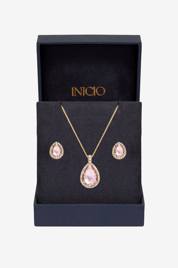 Inicio Gold Plated Pink Pear Drop Set - Gift Boxed