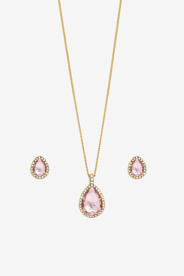 Inicio Gold Plated Pink Pear Drop Set - Gift Boxed