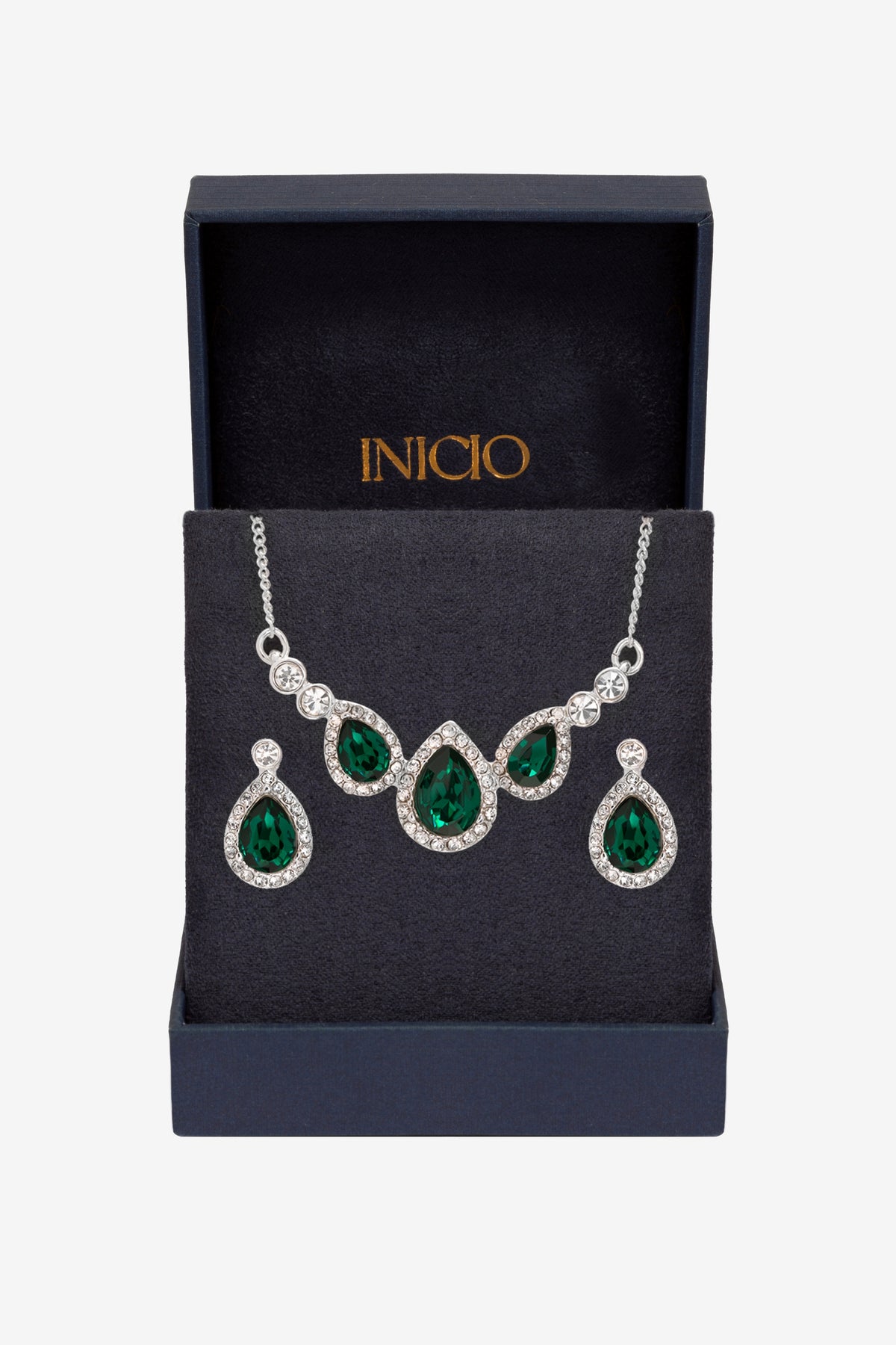 Inicio Silver Plated and Emerald Triple Pear Drop set - Gift Boxed
