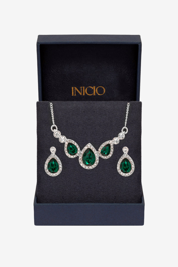 Inicio Silver Plated and Emerald Triple Pear Drop set - Gift Boxed