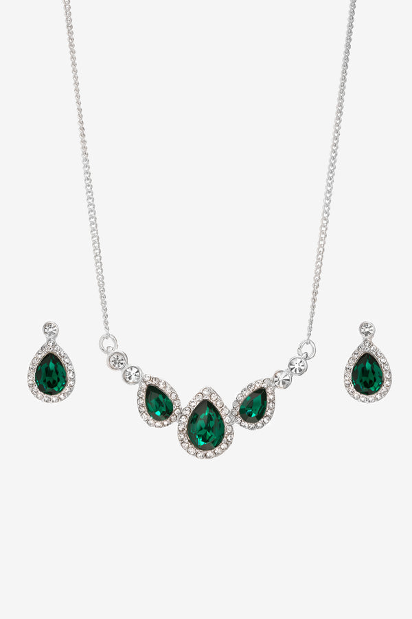 Inicio Silver Plated and Emerald Triple Pear Drop set - Gift Boxed