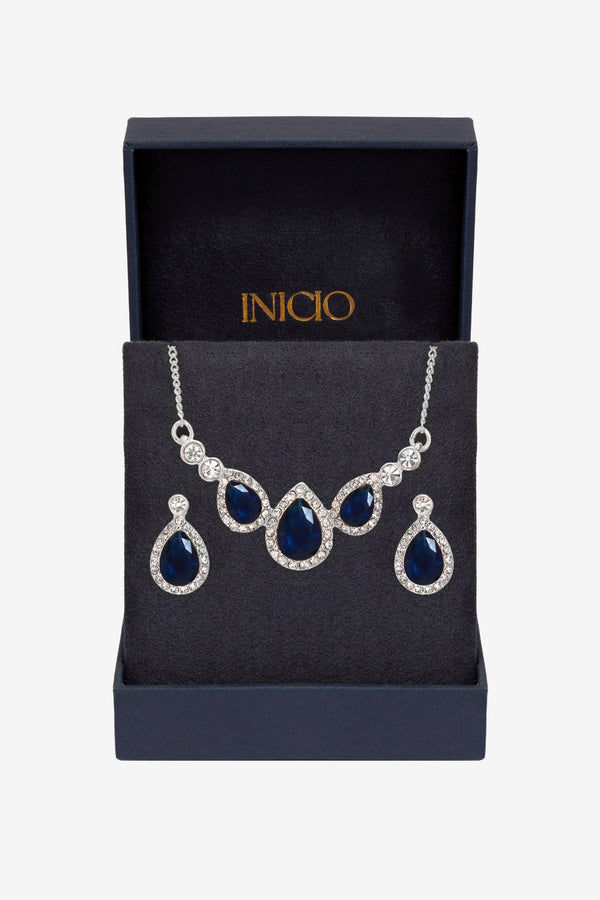 Inicio Silver Plated and Sapphire Triple Pear Drop set - Gift Boxed