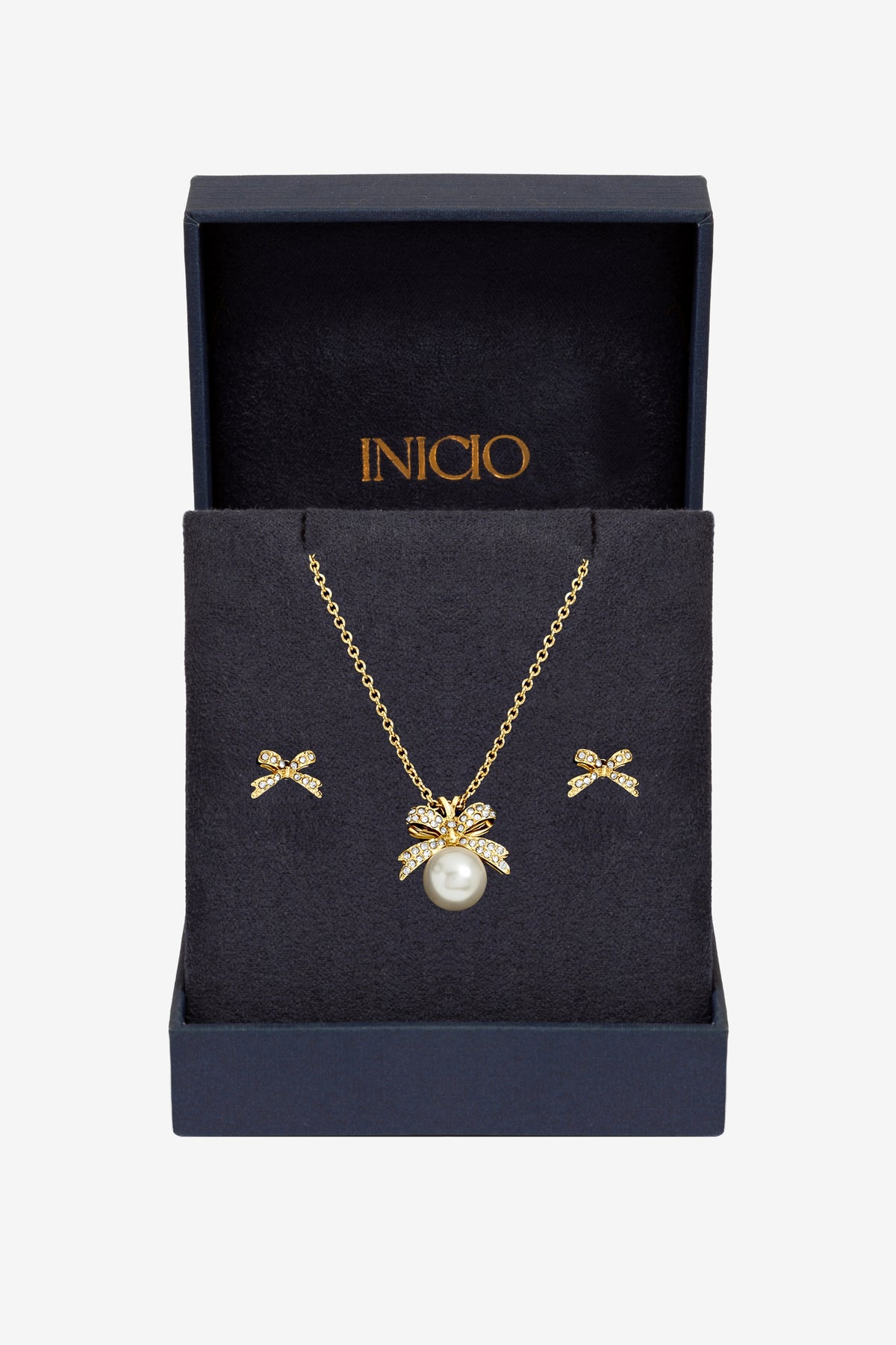 Inicio Gold plated Pearl and Crystal Bow set - Gift Boxed