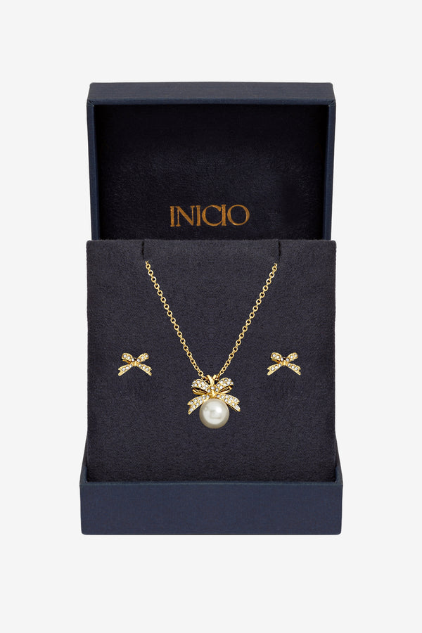 Inicio Gold plated Pearl and Crystal Bow set - Gift Boxed
