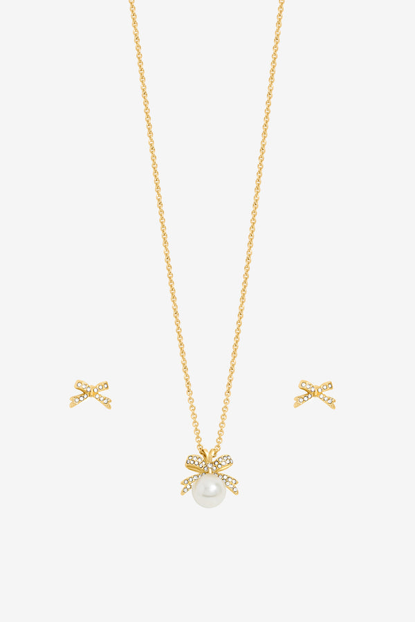 Inicio Gold plated Pearl and Crystal Bow set - Gift Boxed