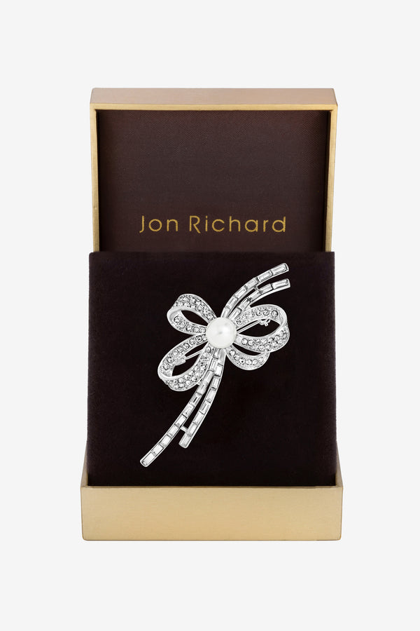 Jon Richard Rhodium Plated Crystal And Pearl Ribbon Brooch