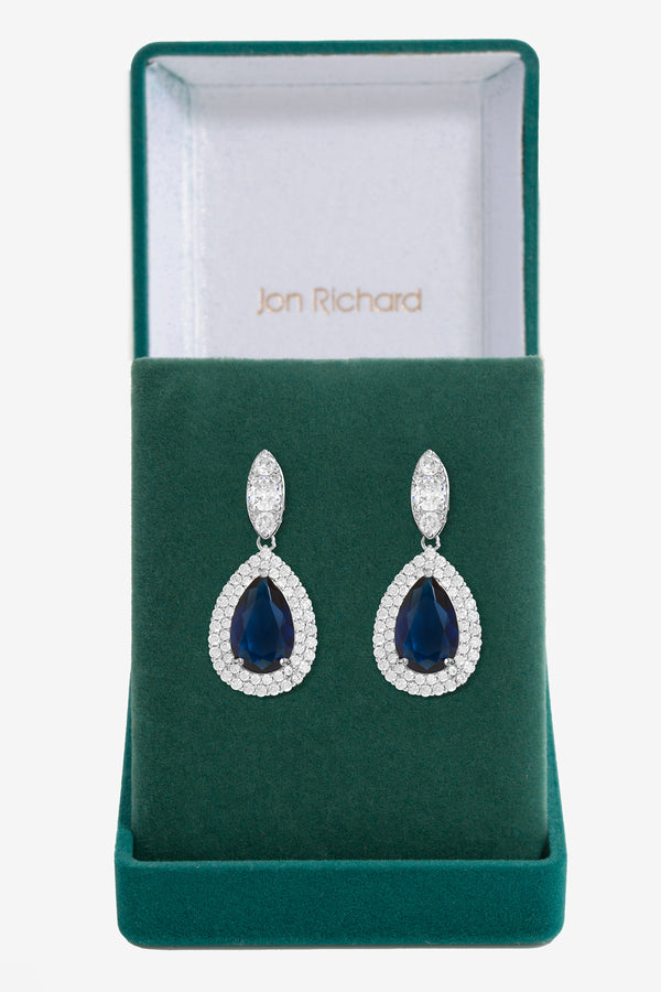 Silver Plated Cubic Zirconia Baguette Navette Sapphire Blue Pear Drop Earring - Gift Boxed