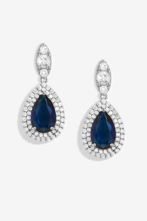 Silver Plated Cubic Zirconia Baguette Navette Sapphire Blue Pear Drop Earring - Gift Boxed