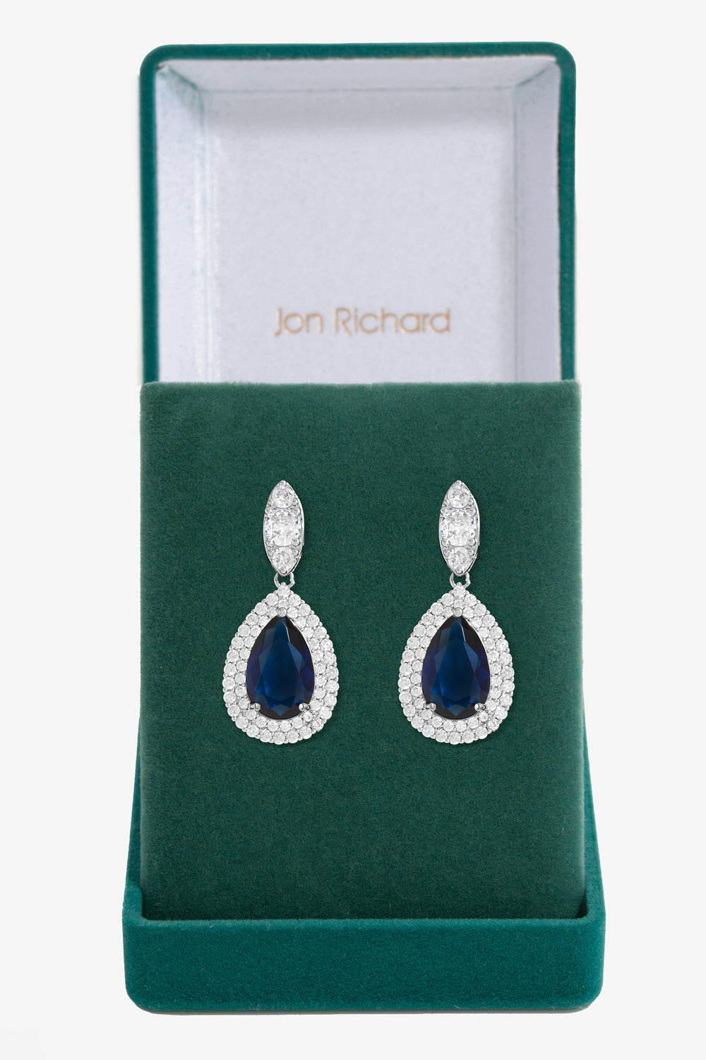 Silver Plated Cubic Zirconia Baguette Navette Sapphire Blue Pear Drop Earring - Gift Boxed