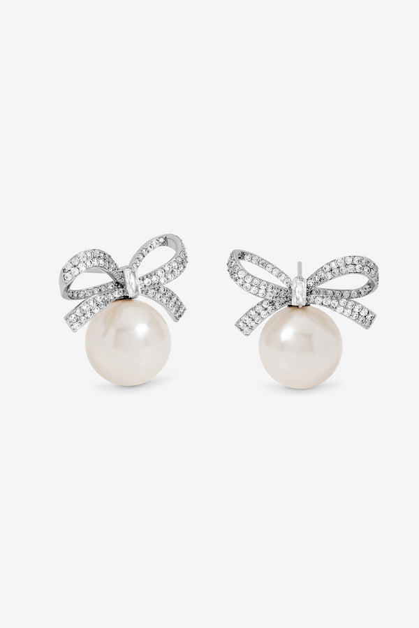 Jon Richard Rhodium Plated Crystal Bow and Pearl Earrings