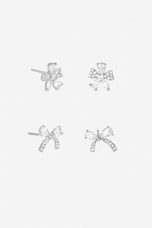 Jon Richard Rhodium Plated Pave Bow Earrings - Pack of 2