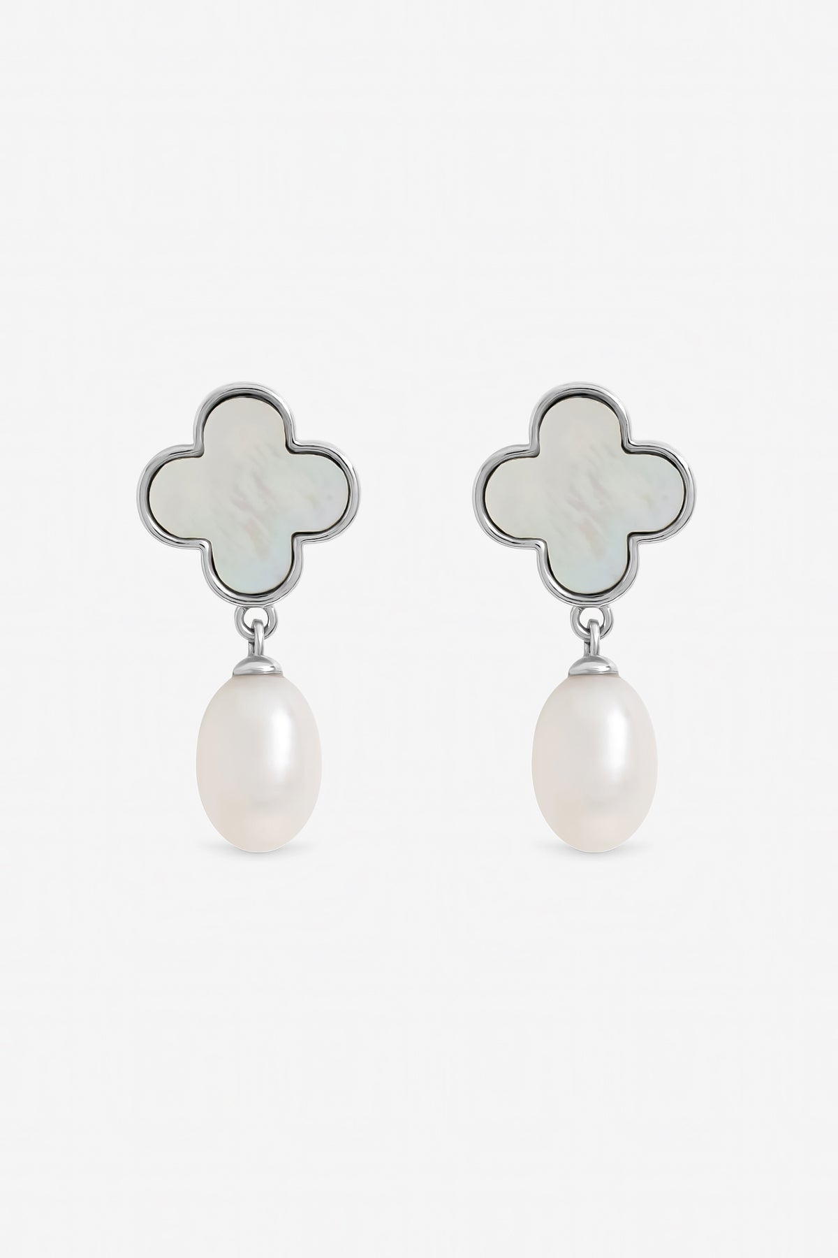 Jon Richard Rhodium Plated Pearl and Mother of Pearl Clover Drop Earrings