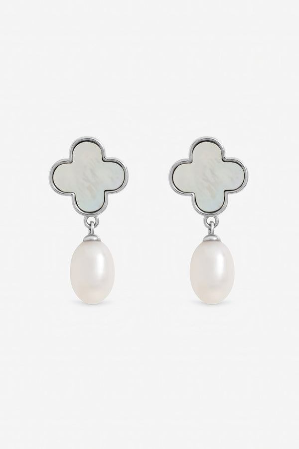 Jon Richard Rhodium Plated Pearl and Mother of Pearl Clover Drop Earrings