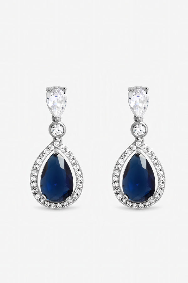 Jon Richard Rhodium Cubic Zirconia Sapphire Pear Drop Earrings