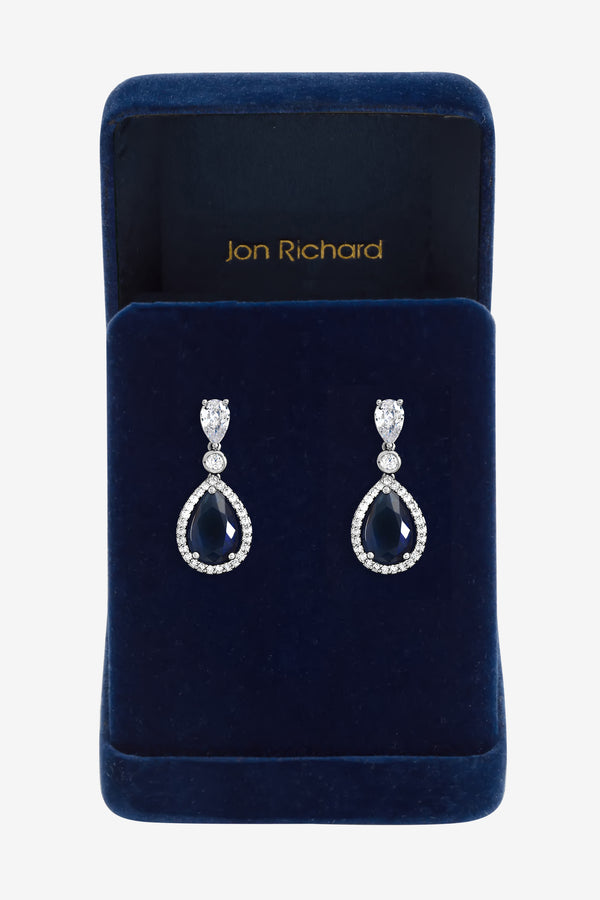 Jon Richard Rhodium Cubic Zirconia Sapphire Pear Drop Earrings