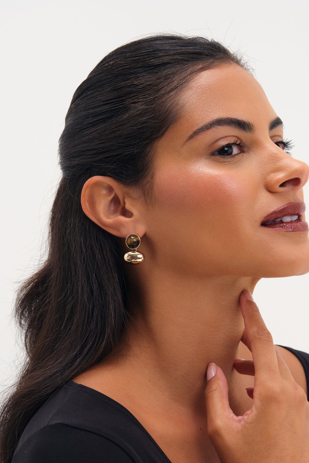 Jon Richard Gold Plated Tigers Eye And Polished Drop Earrings