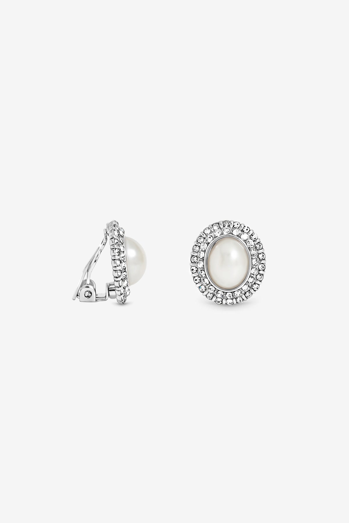 JON RICHARD RHODIUM PLATE PEARL AND CRYSTAL CLIP EARRING