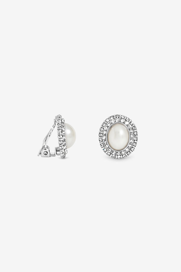 JON RICHARD RHODIUM PLATE PEARL AND CRYSTAL CLIP EARRING