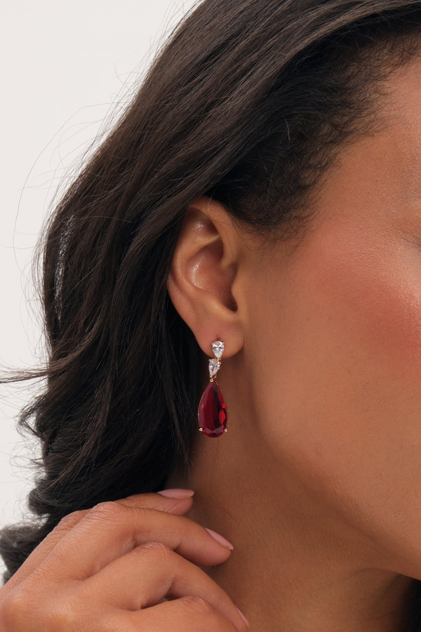 Jon Richard Gold Plated and Cubic Zirconia Ruby Pear Drop Earrings