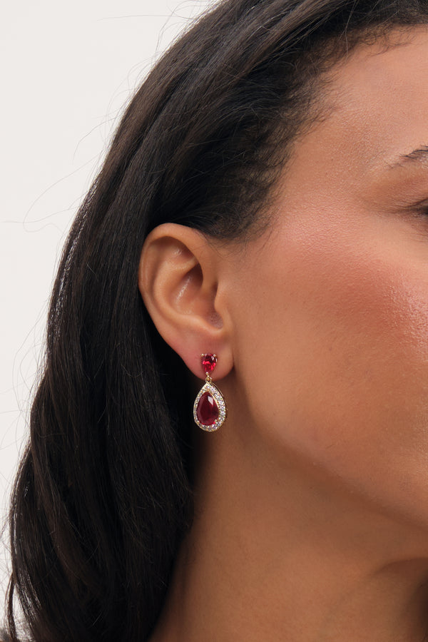 Jon Richard Gold Plated Cubic Zirconia Ruby Pear Drop Earrings