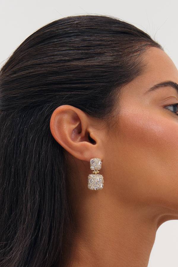 JON RICHARD GOLD PLATE AND PAVE SQUARE DOUBLE DROP EARRING