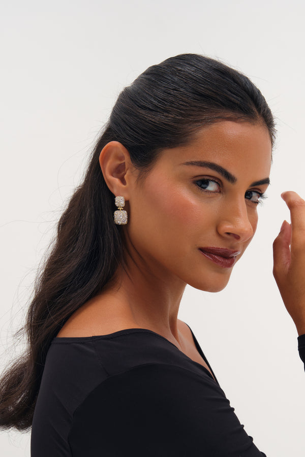 JON RICHARD GOLD PLATE AND PAVE SQUARE DOUBLE DROP EARRING