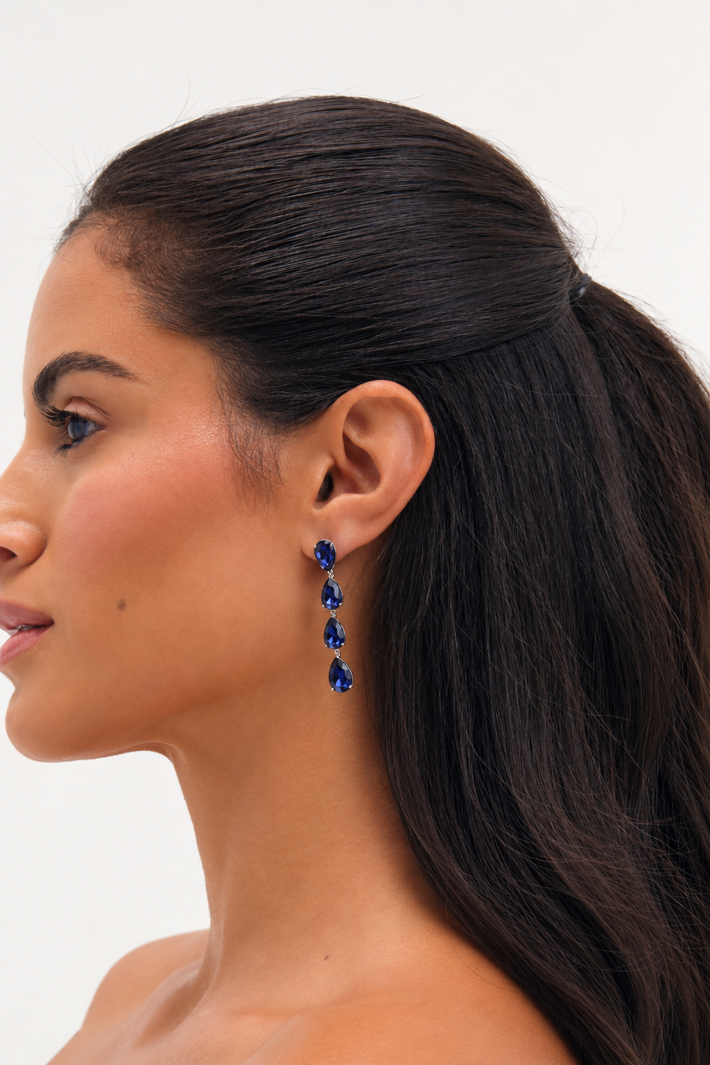 Jon Richard Rhodium Plated Sapphire Linear Pear Drop Earrings