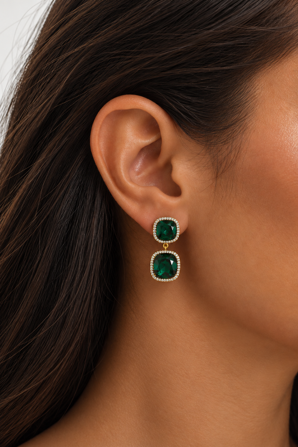 Jon Richard Gold Plated And Emerald Double Drop Halo Earrings