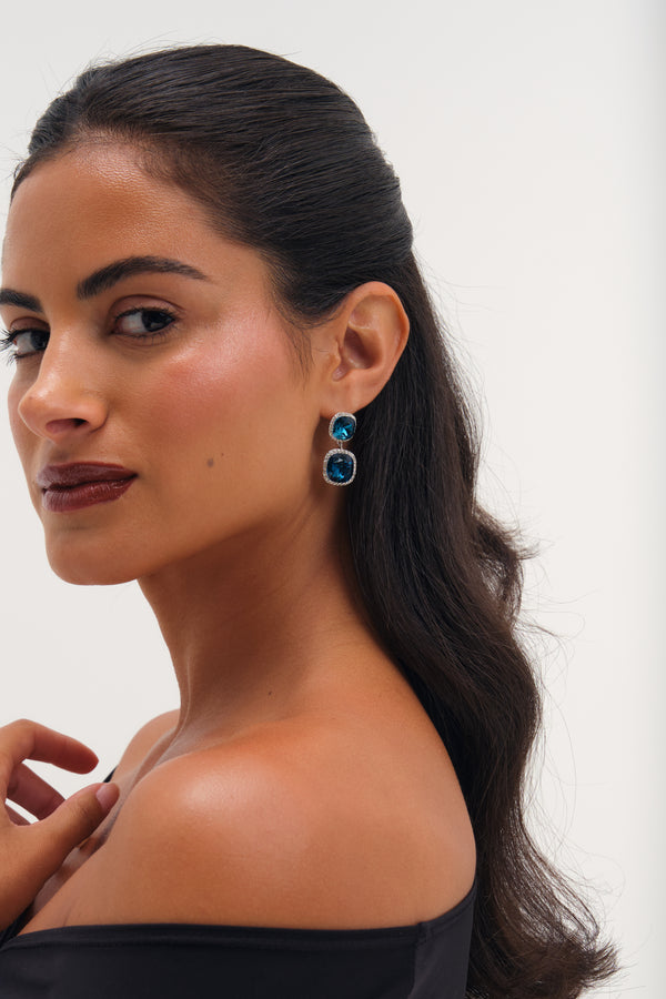 JON RICHARD RHODIUM PLATE AND SAPPHIRE DOUBLE DROP HALO EARRING