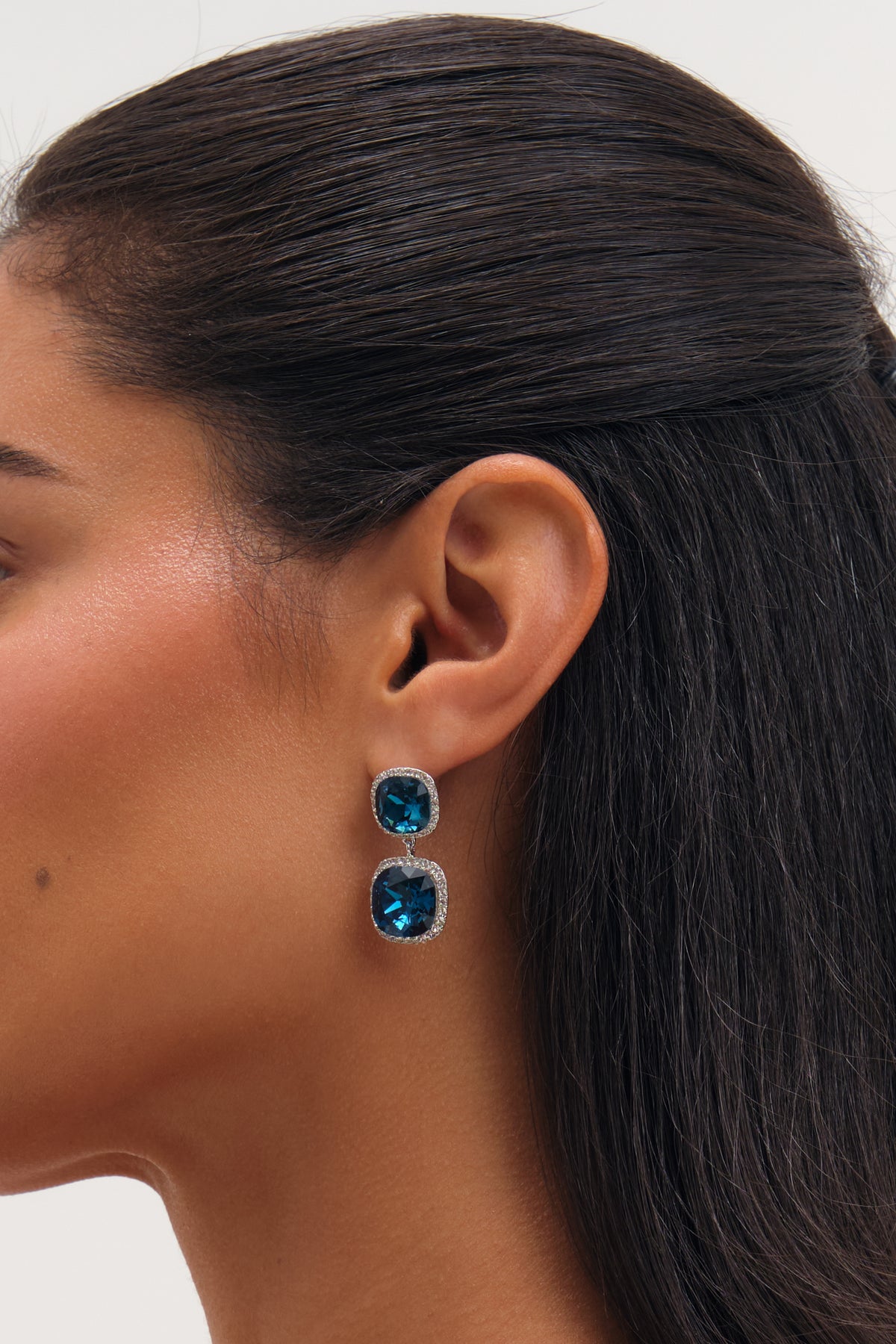 JON RICHARD RHODIUM PLATE AND SAPPHIRE DOUBLE DROP HALO EARRING